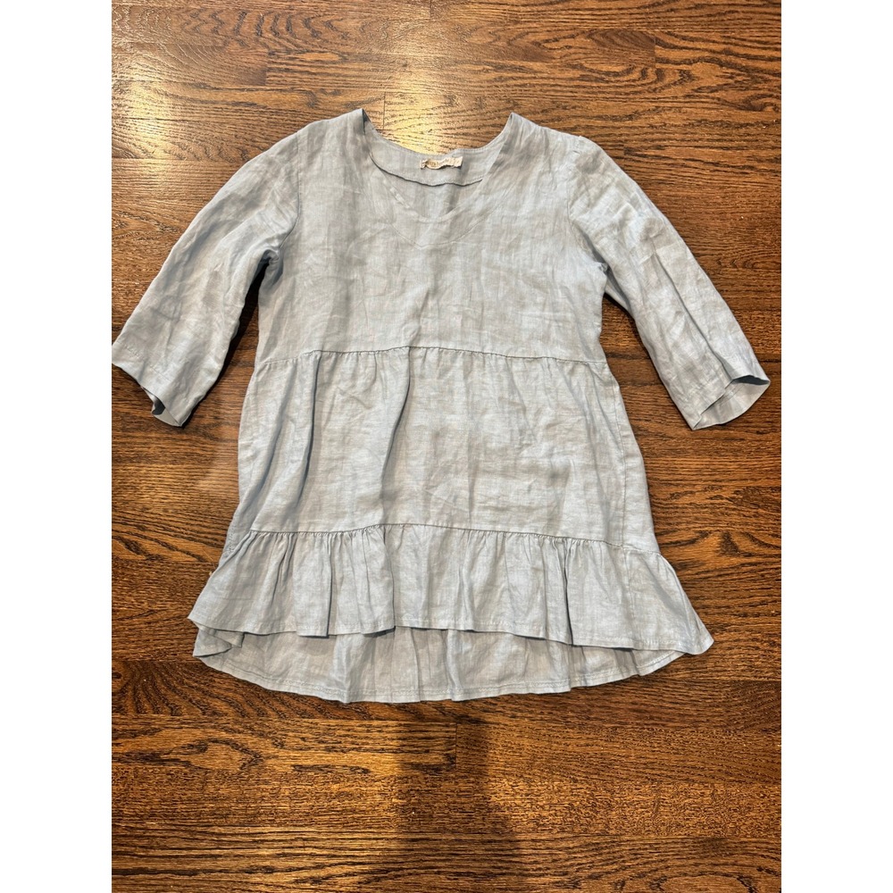 Laura Bianchi Blue 100% Linen Tiered Ruffle Tunic Top V-Neck Small ART.18372